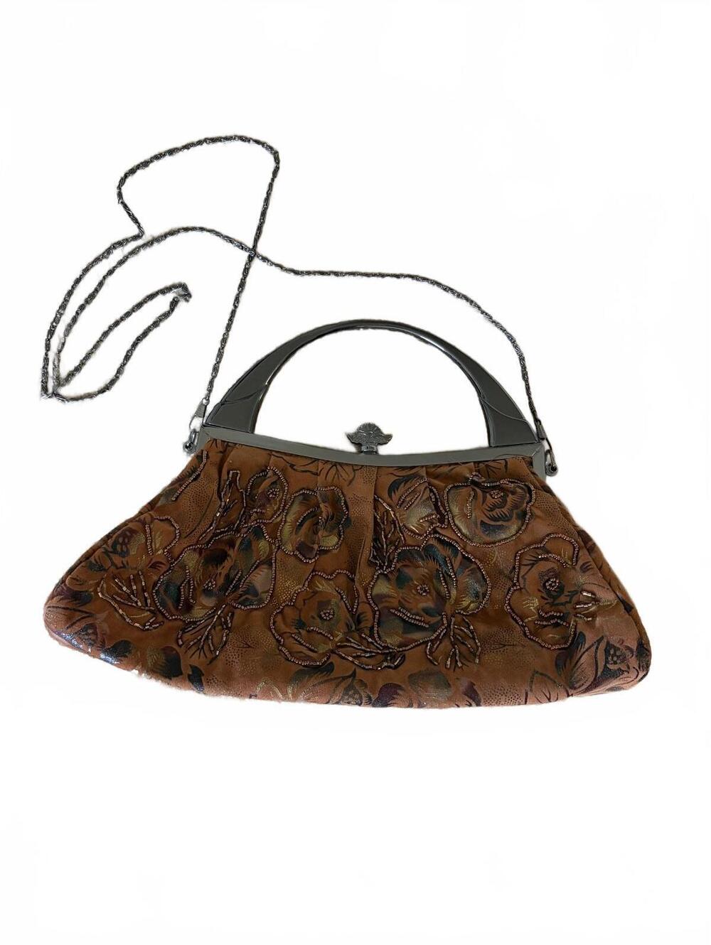 Vintage Brown Floral Embroidered Handbag with Beaded Detailing